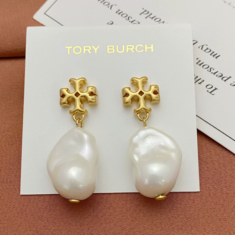 Tory Burch Baroque Pearl Drop Earrings with 3D Letter